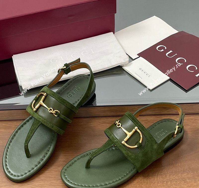 Gucci Flat Thong Sandals in Suede Trim and Leather with Horsebit Green 2025 ‎834431 (MD-250609125)