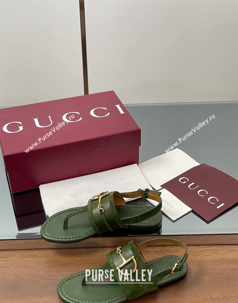 Gucci Flat Thong Sandals in Suede Trim and Leather with Horsebit Green 2025 ‎834431 (MD-250609125)