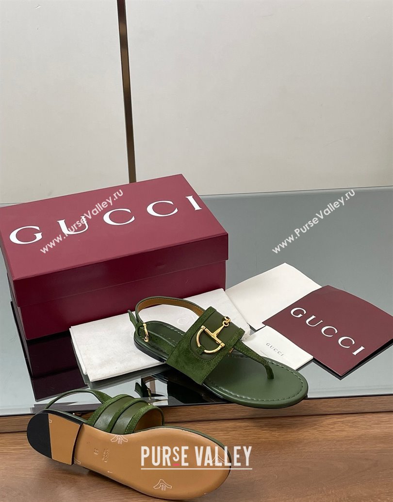 Gucci Flat Thong Sandals in Suede Trim and Leather with Horsebit Green 2025 ‎834431 (MD-250609125)