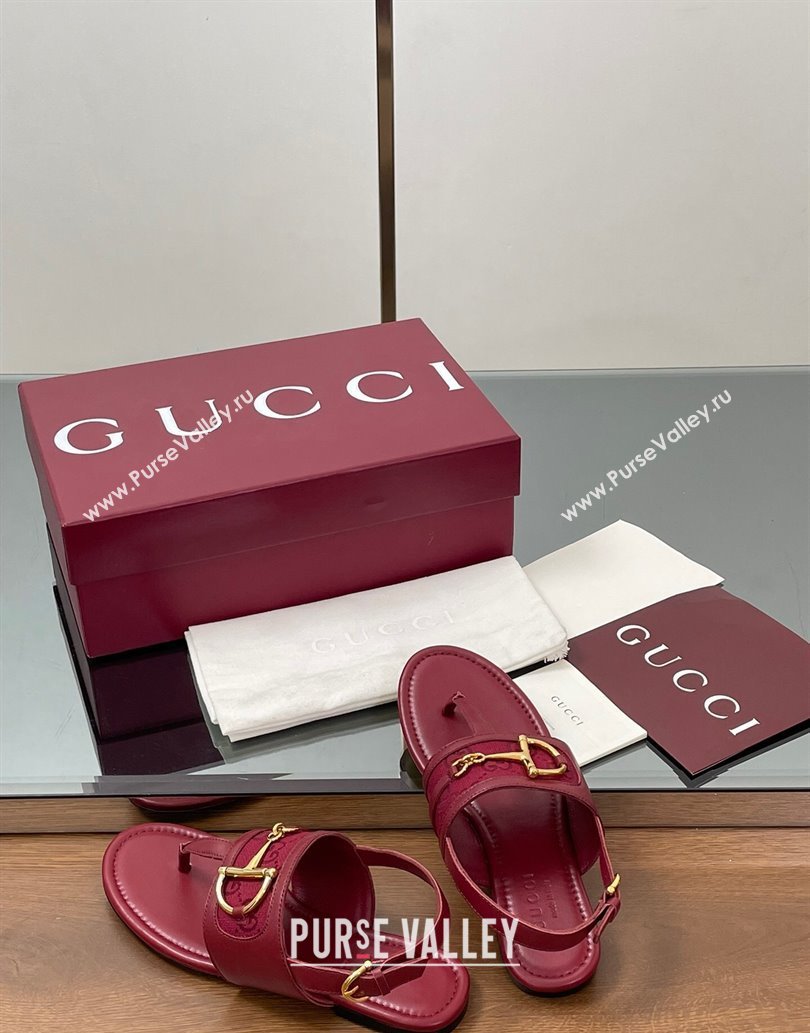 Gucci Flat Thong Sandals in GG Canvas and Leather with Horsebit Red 2025 ‎834431 (MD-250609127)