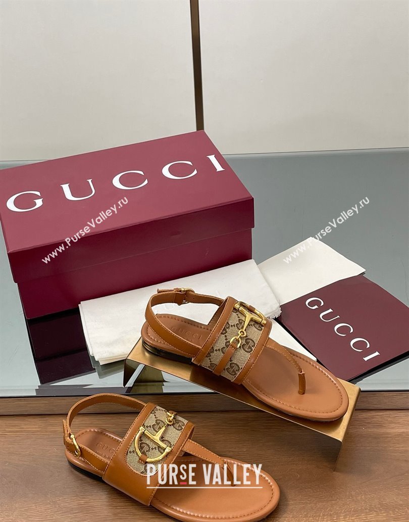 Gucci Flat Thong Sandals in GG Canvas and Leather with Horsebit Brown 2025 ‎834431 (MD-250609128)