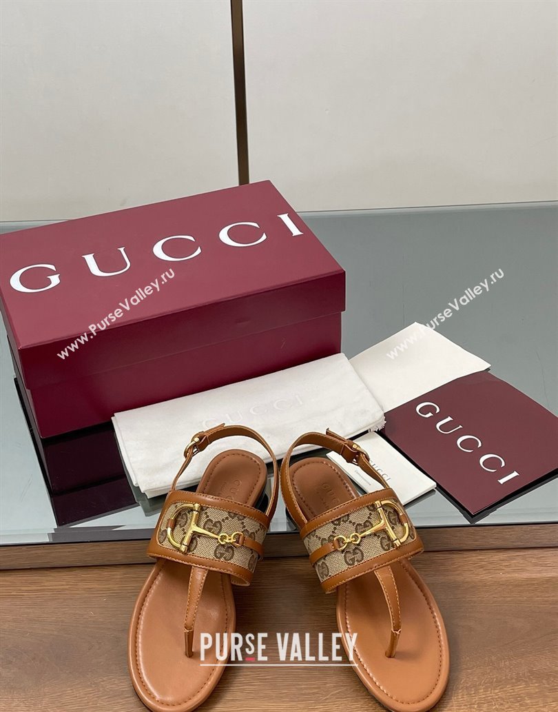 Gucci Flat Thong Sandals in GG Canvas and Leather with Horsebit Brown 2025 ‎834431 (MD-250609128)