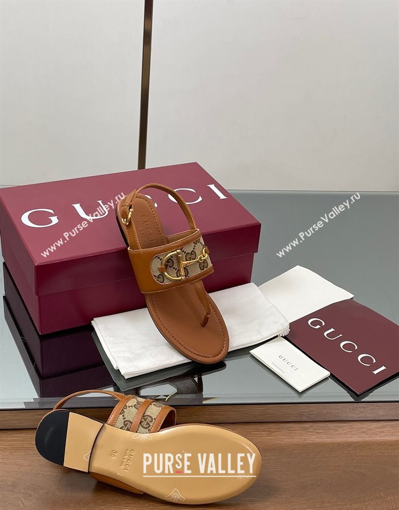 Gucci Flat Thong Sandals in GG Canvas and Leather with Horsebit Brown 2025 ‎834431 (MD-250609128)