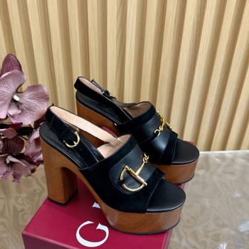Gucci Platform Heel Sandals 13cm in Suede and Leather with Horsebit Black 2025 834420 (MD-250609114)