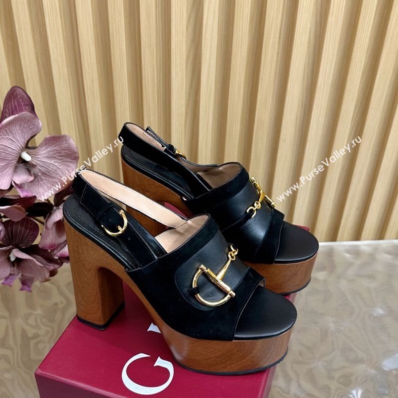 Gucci Platform Heel Sandals 13cm in Suede and Leather with Horsebit Black 2025 834420 (MD-250609114)