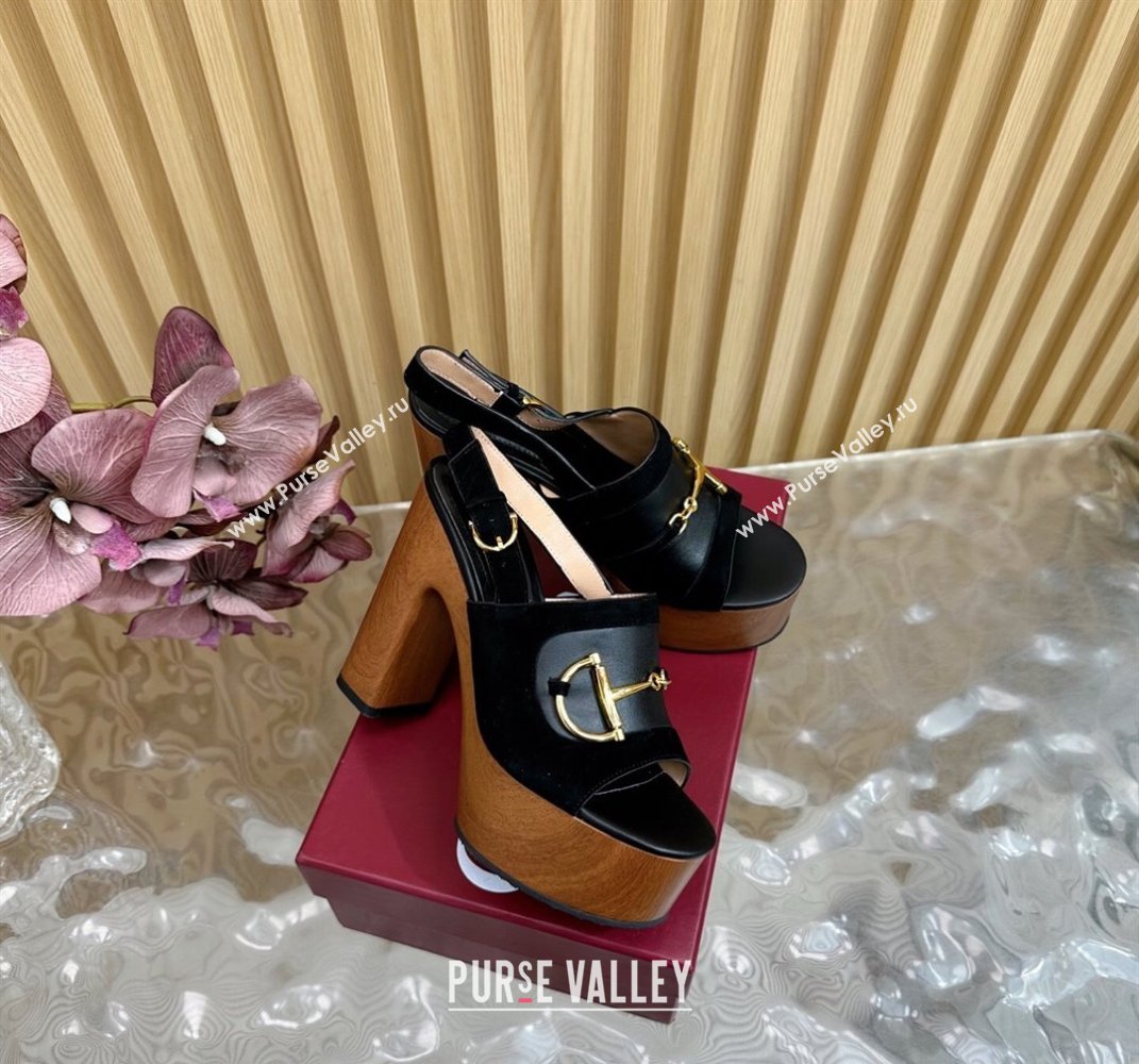 Gucci Platform Heel Sandals 13cm in Suede and Leather with Horsebit Black 2025 834420 (MD-250609114)