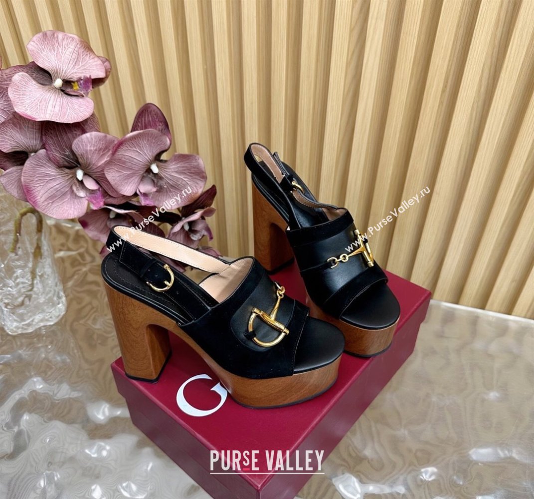Gucci Platform Heel Sandals 13cm in Suede and Leather with Horsebit Black 2025 834420 (MD-250609114)
