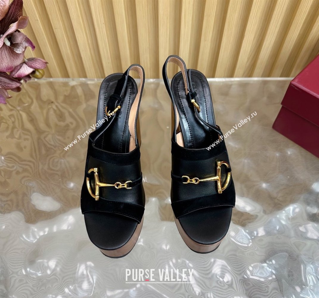 Gucci Platform Heel Sandals 13cm in Suede and Leather with Horsebit Black 2025 834420 (MD-250609114)