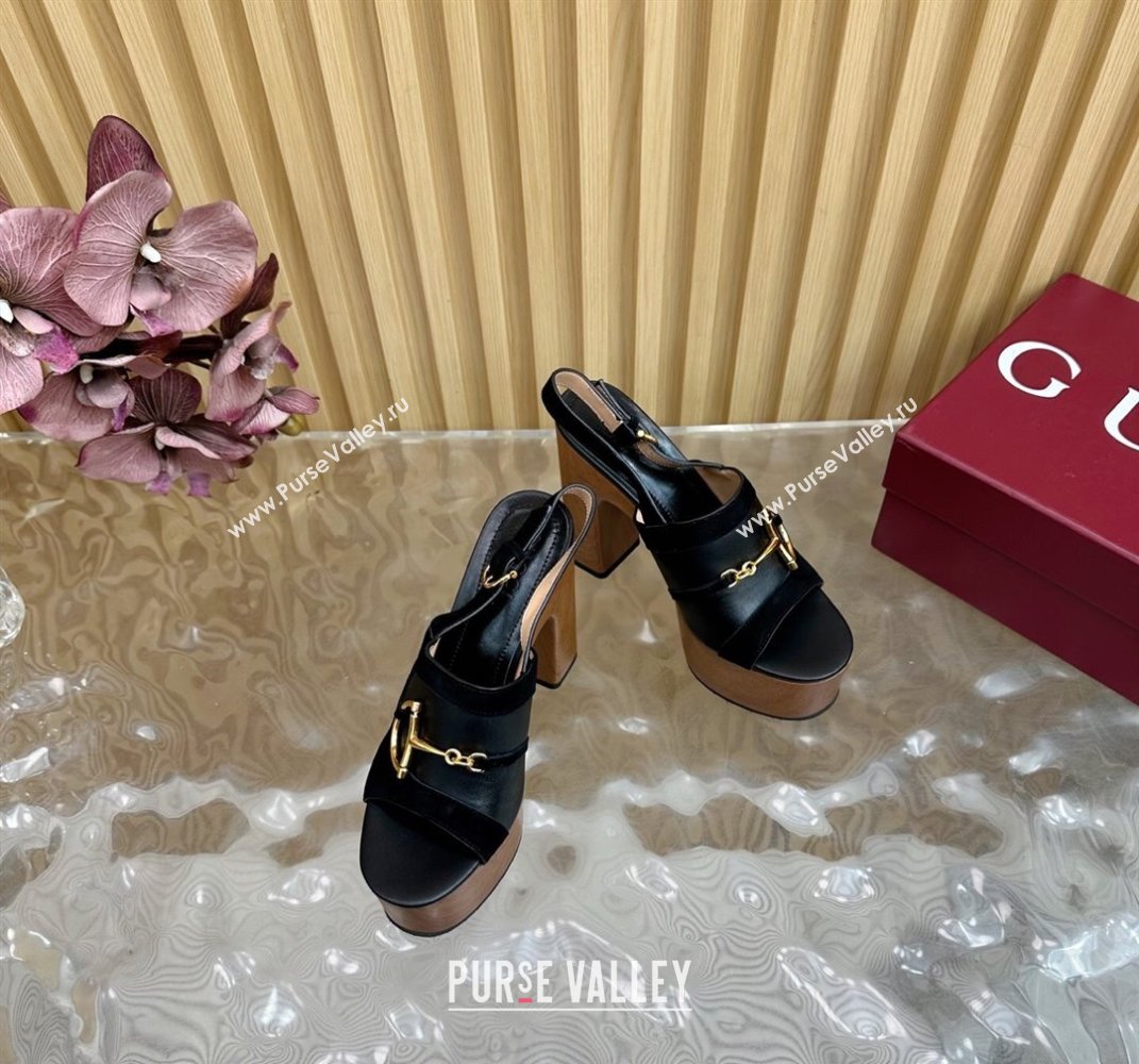 Gucci Platform Heel Sandals 13cm in Suede and Leather with Horsebit Black 2025 834420 (MD-250609114)