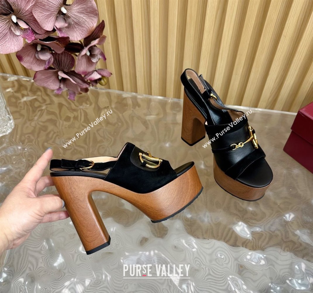 Gucci Platform Heel Sandals 13cm in Suede and Leather with Horsebit Black 2025 834420 (MD-250609114)