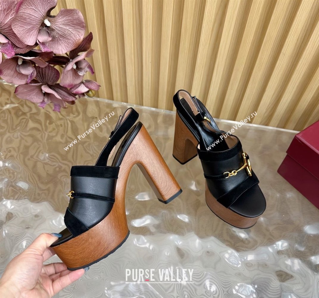 Gucci Platform Heel Sandals 13cm in Suede and Leather with Horsebit Black 2025 834420 (MD-250609114)