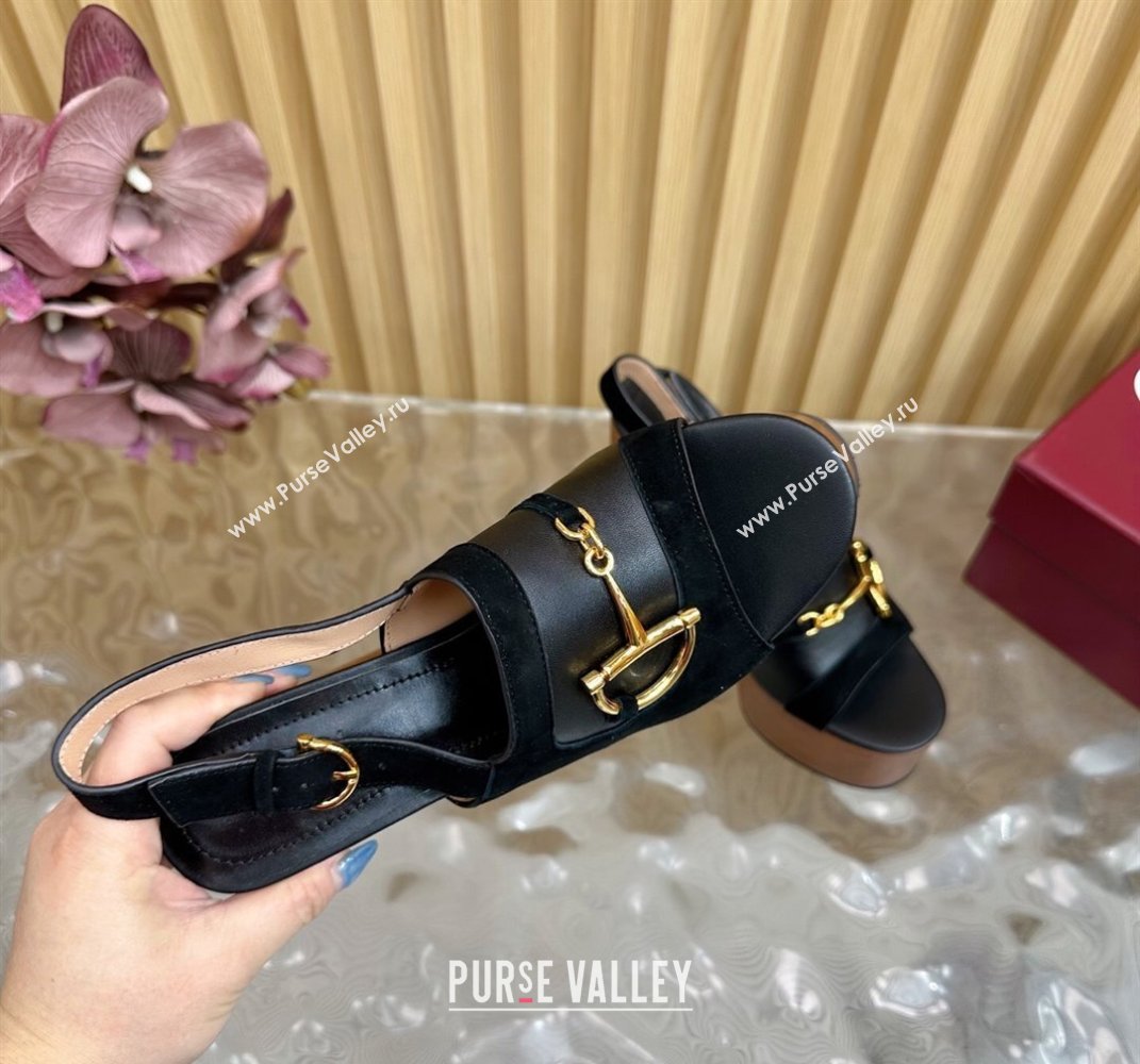 Gucci Platform Heel Sandals 13cm in Suede and Leather with Horsebit Black 2025 834420 (MD-250609114)