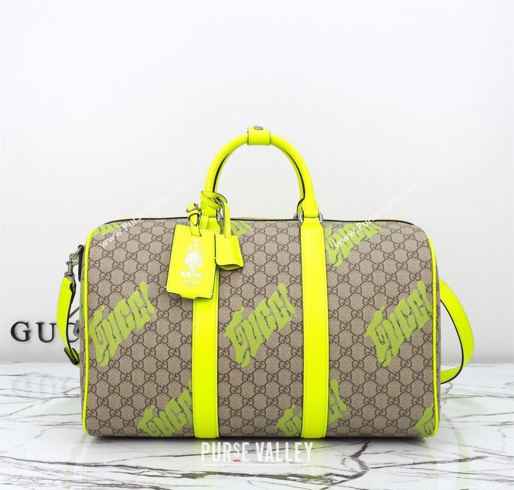 Gucci Mens GG Fabric Medium duffle bag with print Beige/Acid Green 2025 834962 (DLH-250630108)