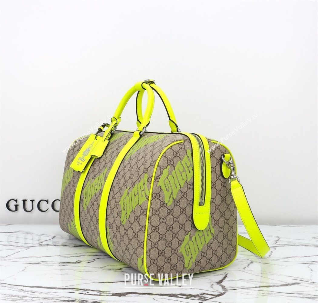 Gucci Mens GG Fabric Medium duffle bag with print Beige/Acid Green 2025 834962 (DLH-250630108)