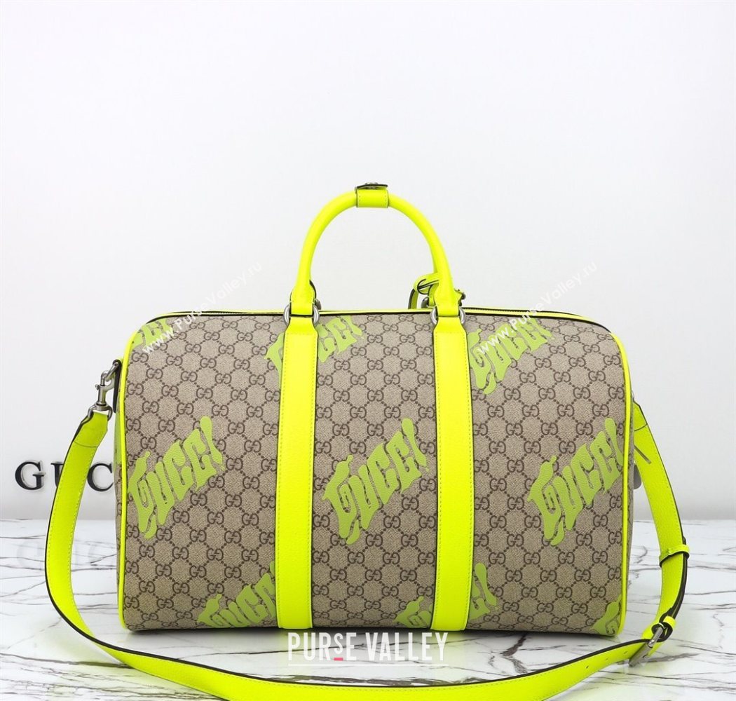 Gucci Mens GG Fabric Medium duffle bag with print Beige/Acid Green 2025 834962 (DLH-250630108)