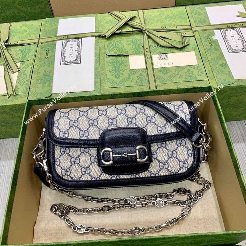 Gucci Horsebit 1955 small shoulder bag in GG Canvas and Leather Beige/Blue 2025 735178 (DLH-250630119)