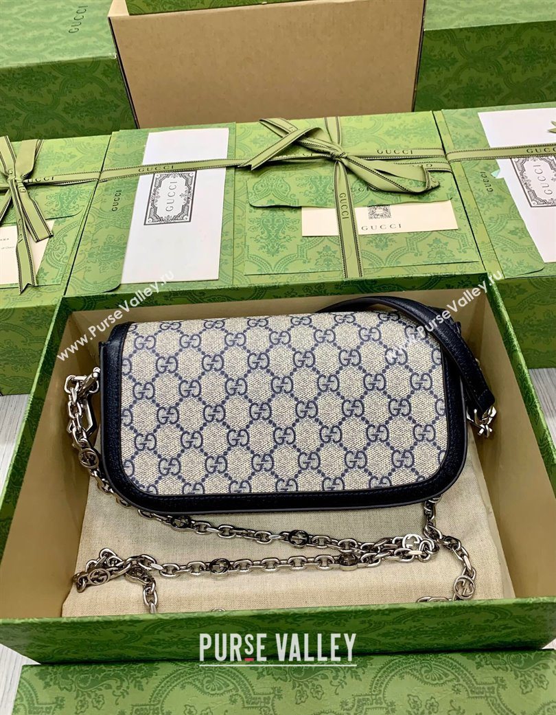 Gucci Horsebit 1955 small shoulder bag in GG Canvas and Leather Beige/Blue 2025 735178 (DLH-250630119)