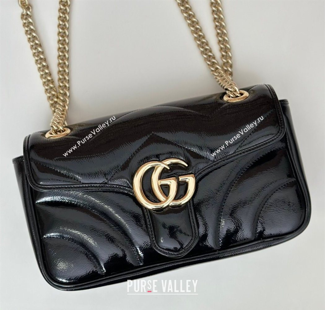 Gucci GG Marmont Padded Patent Leather Small Shoulder Bag 443497 Black 2025 (DLH-250630047)