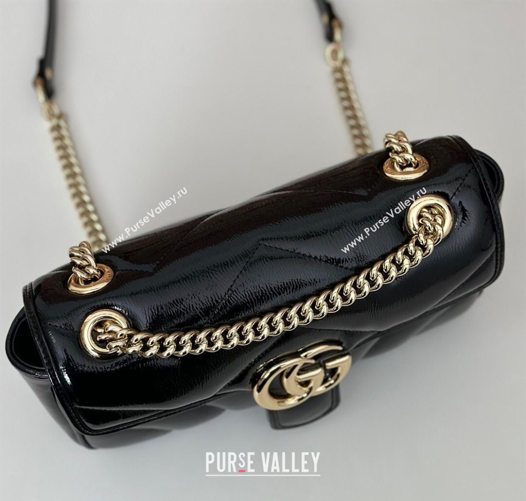 Gucci GG Marmont Padded Patent Leather Small Shoulder Bag 443497 Black 2025 (DLH-250630047)
