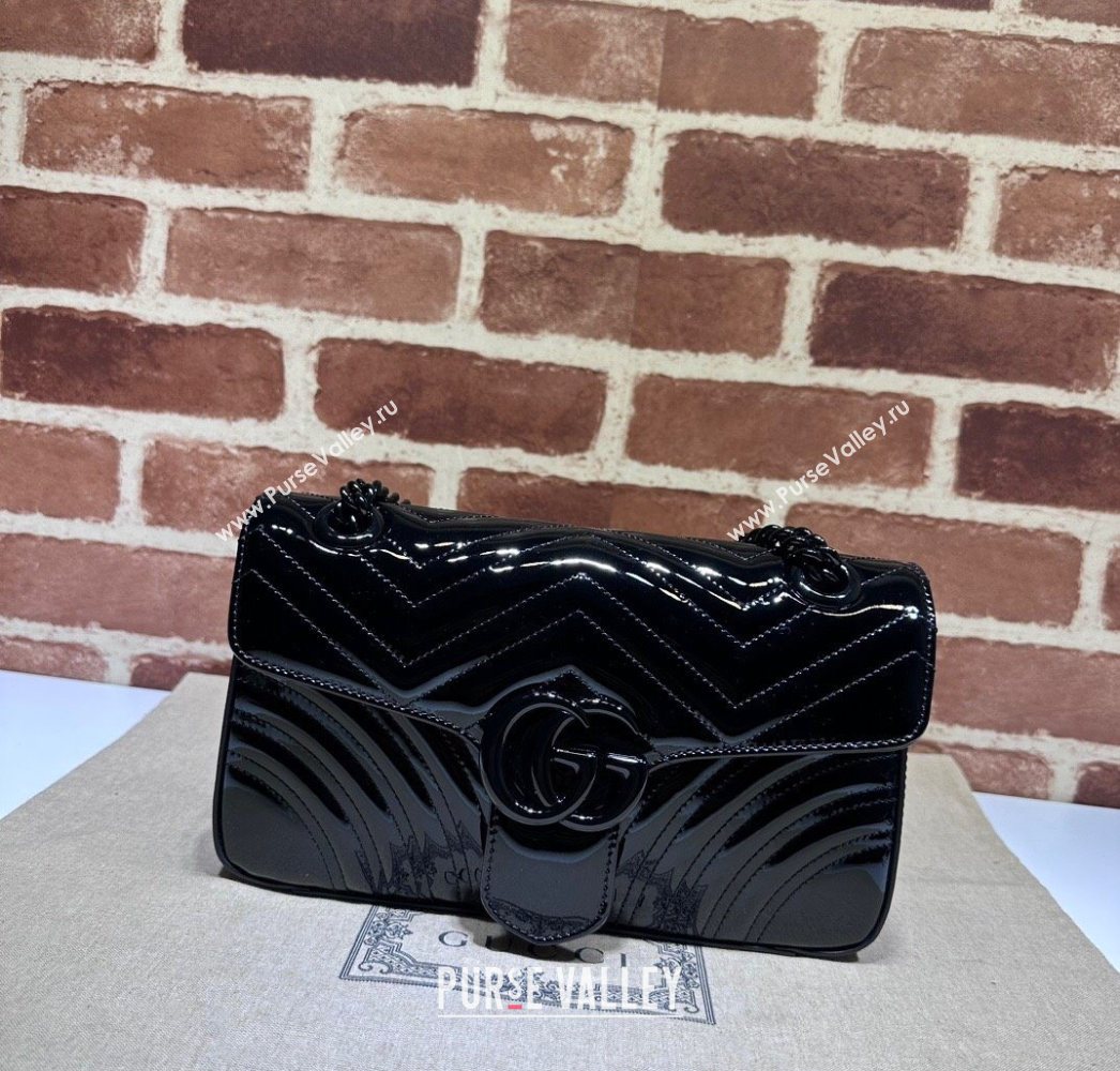 Gucci GG Marmont Patent Leather Small Shoulder Bag 443497 All Black 2025 (DLH-250630049)