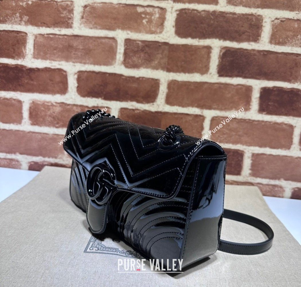 Gucci GG Marmont Patent Leather Small Shoulder Bag 443497 All Black 2025 (DLH-250630049)