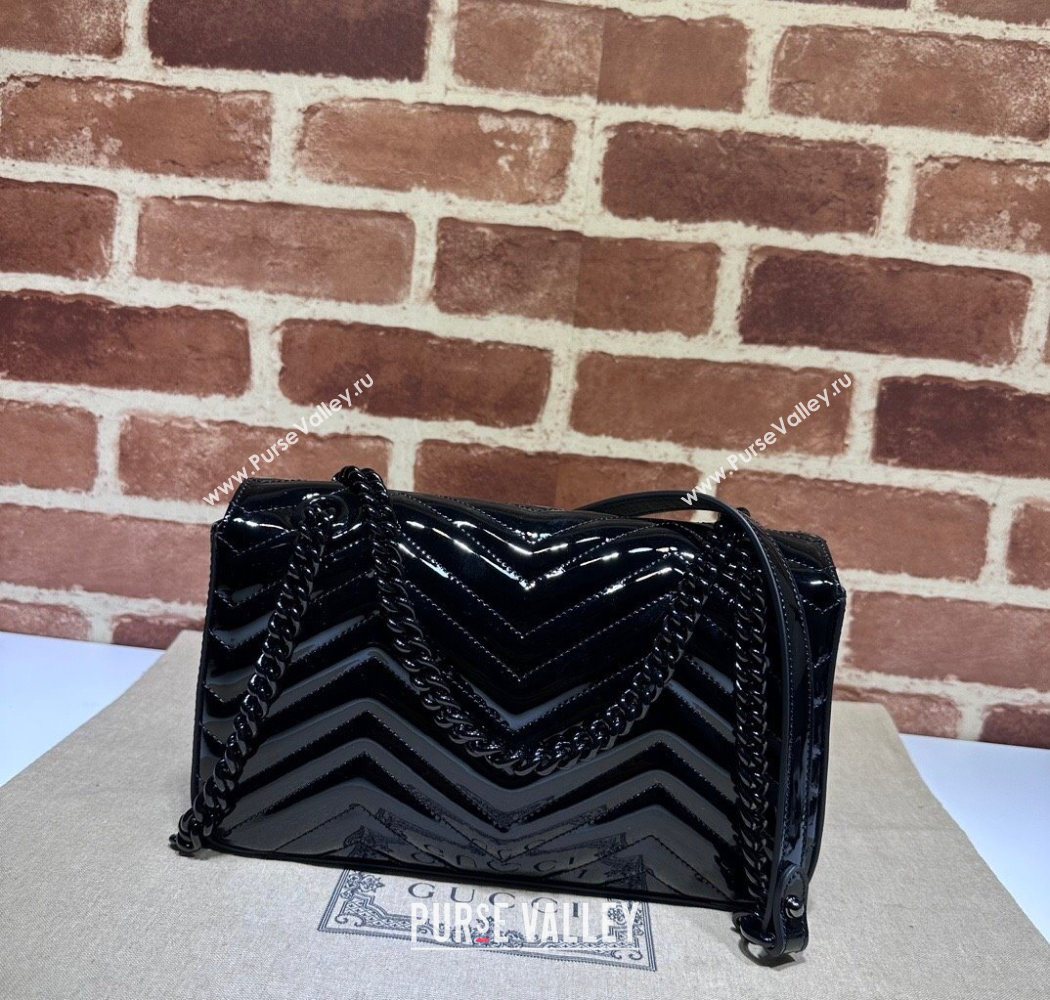 Gucci GG Marmont Patent Leather Small Shoulder Bag 443497 All Black 2025 (DLH-250630049)