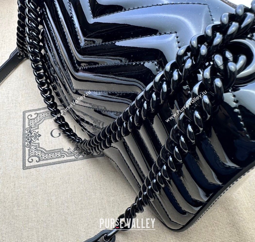 Gucci GG Marmont Patent Leather Small Shoulder Bag 443497 All Black 2025 (DLH-250630049)