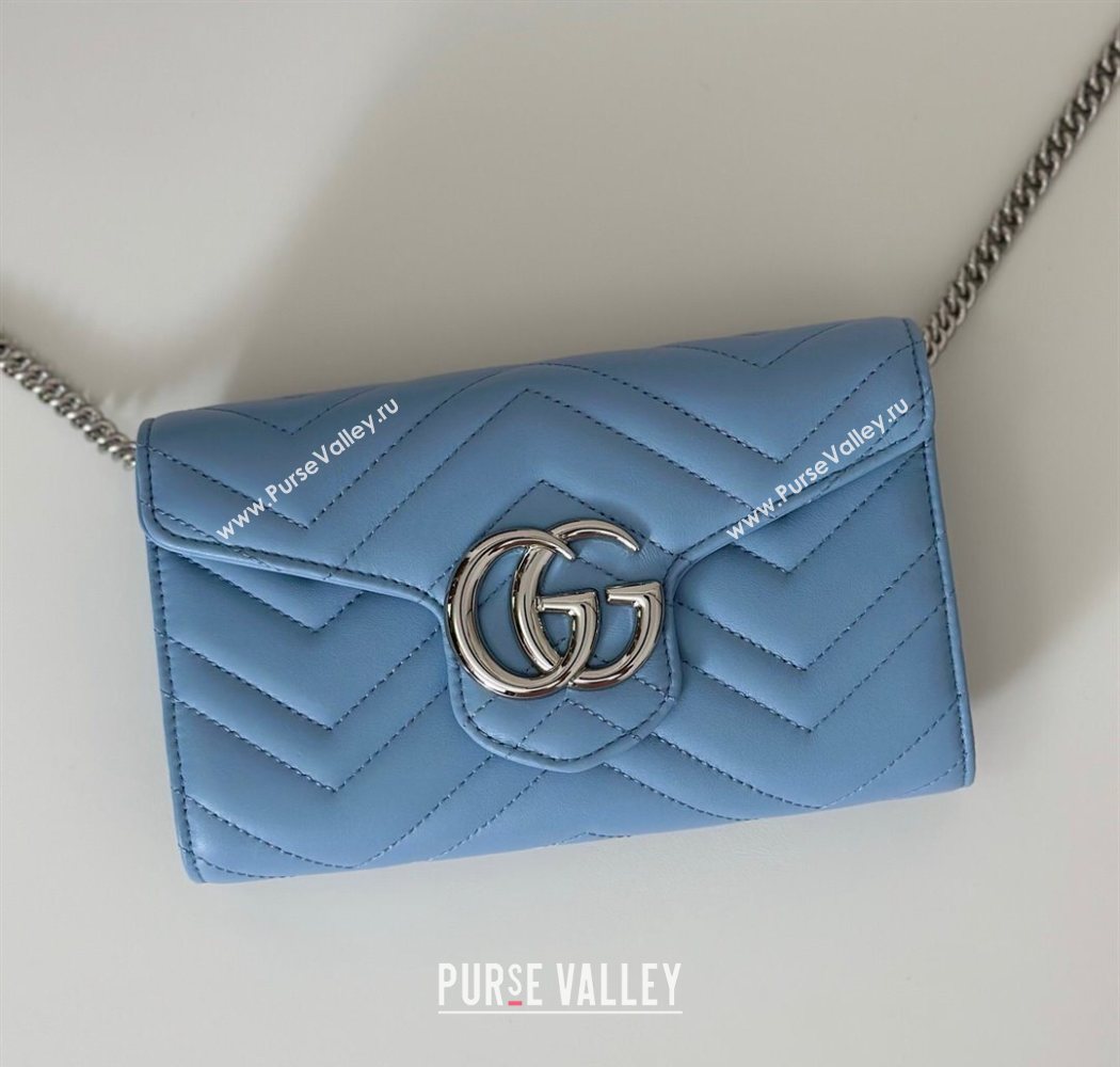 Gucci GG Marmont Leather Wallet on Chain Light Blue 2025 837745 (DLH-250630025)