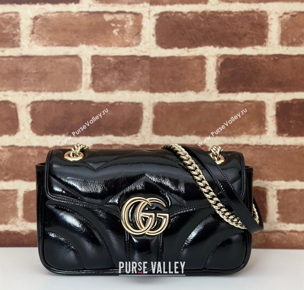 Gucci GG Marmont Padded Patent Leather Small Shoulder Bag 443497 Black 2025 (DLH-250630047)