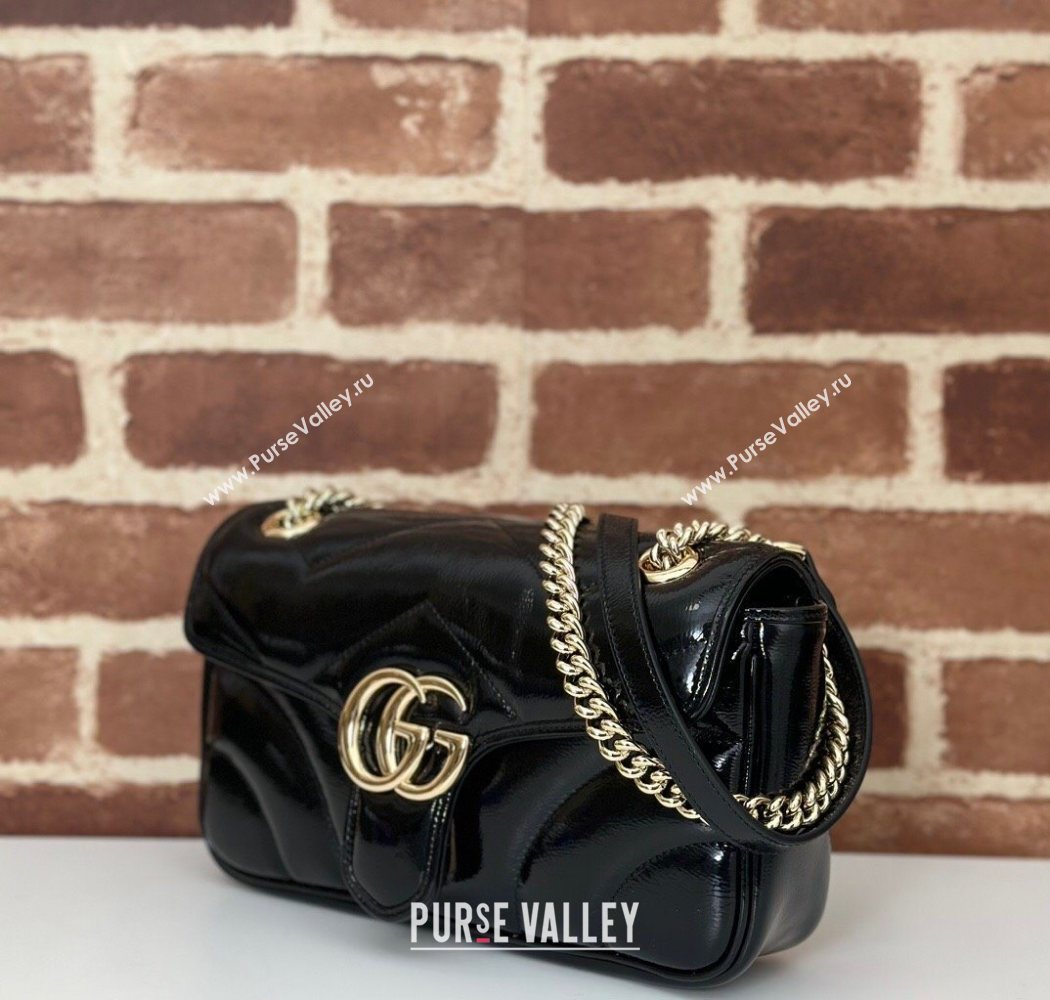 Gucci GG Marmont Padded Patent Leather Small Shoulder Bag 443497 Black 2025 (DLH-250630047)