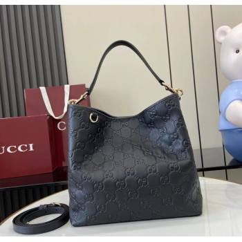 Gucci GG Leather Emblem Medium Bucket Bag Black 2025 815103 (XLU-250701012)