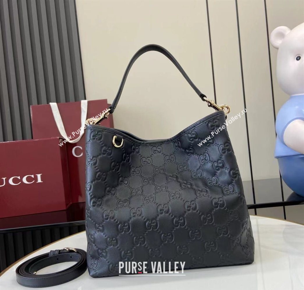 Gucci GG Leather Emblem Medium Bucket Bag Black 2025 815103 (XLU-250701012)