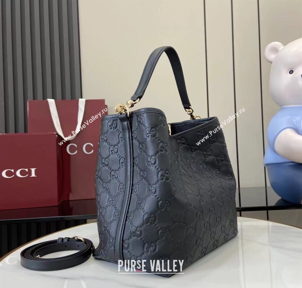 Gucci GG Leather Emblem Medium Bucket Bag Black 2025 815103 (XLU-250701012)