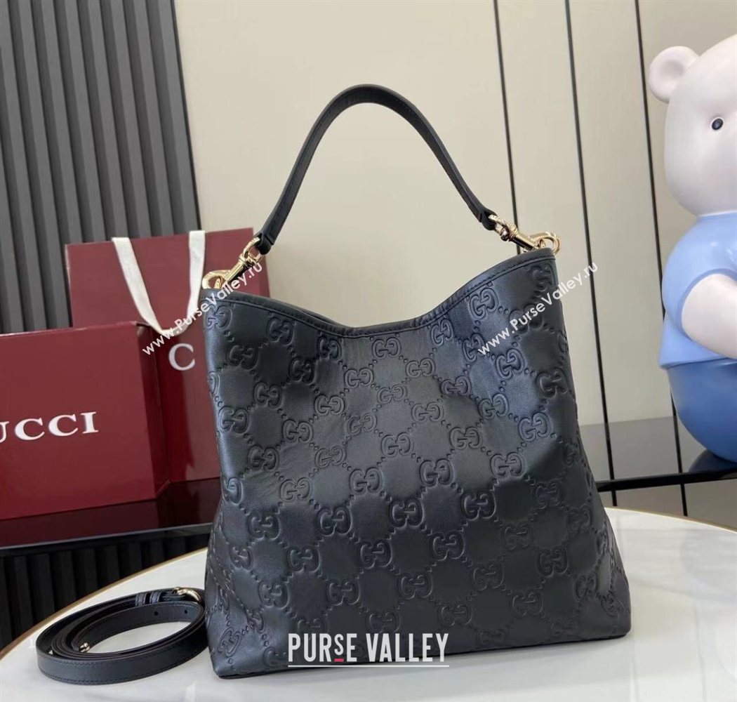 Gucci GG Leather Emblem Medium Bucket Bag Black 2025 815103 (XLU-250701012)