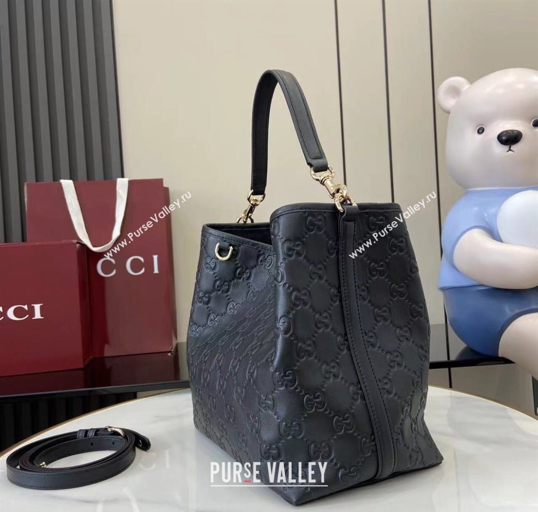 Gucci GG Leather Emblem Medium Bucket Bag Black 2025 815103 (XLU-250701012)