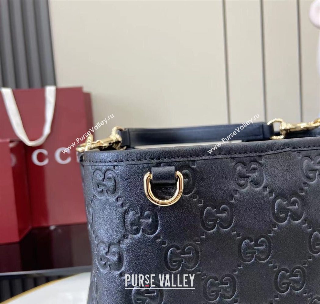 Gucci GG Leather Emblem Medium Bucket Bag Black 2025 815103 (XLU-250701012)