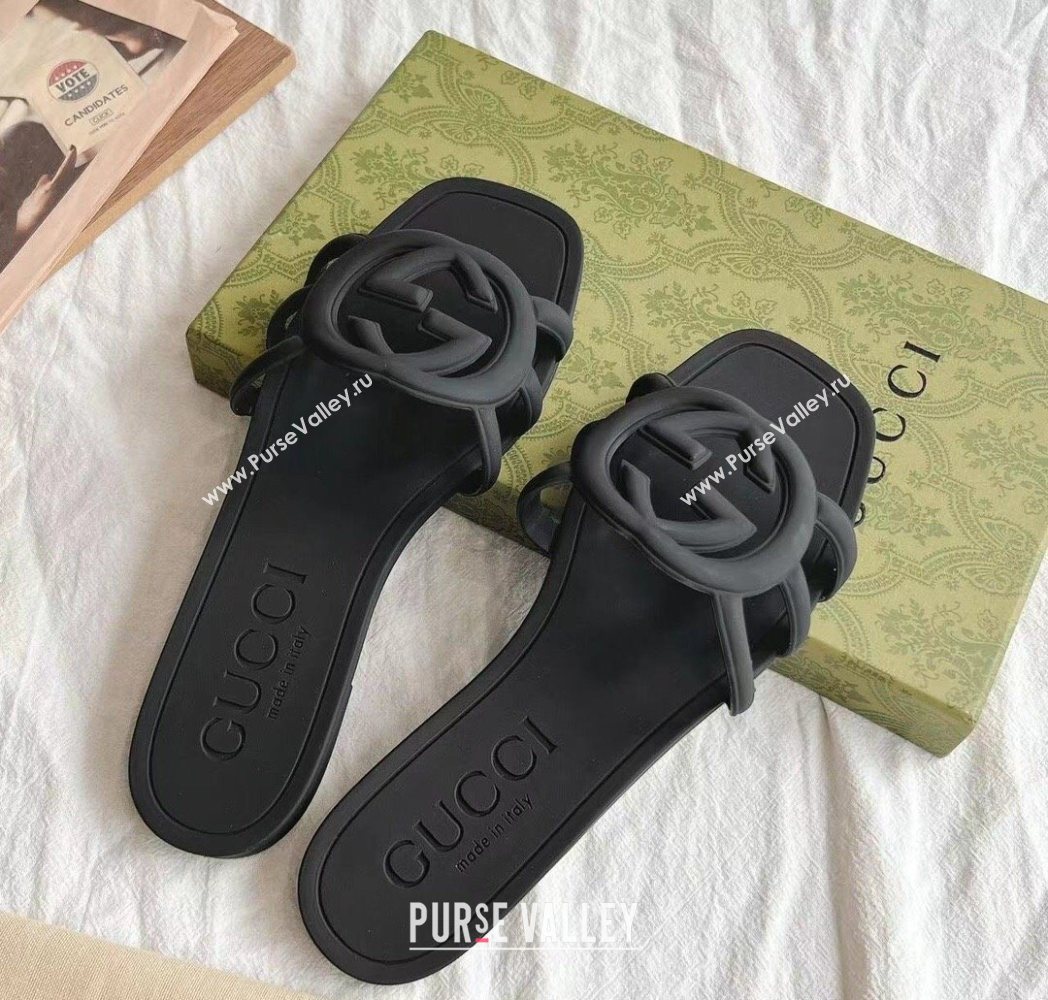Gucci Interlocking G Flat Slides Sandal in Matte PVC Black 2025 780307 (GDX-250711124)