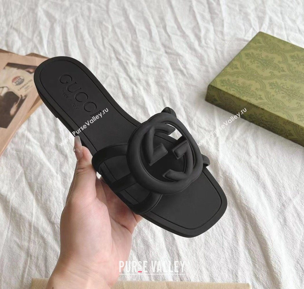Gucci Interlocking G Flat Slides Sandal in Matte PVC Black 2025 780307 (GDX-250711124)