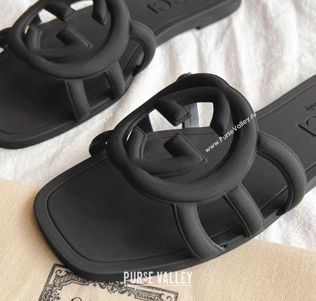 Gucci Interlocking G Flat Slides Sandal in Matte PVC Black 2025 780307 (GDX-250711124)
