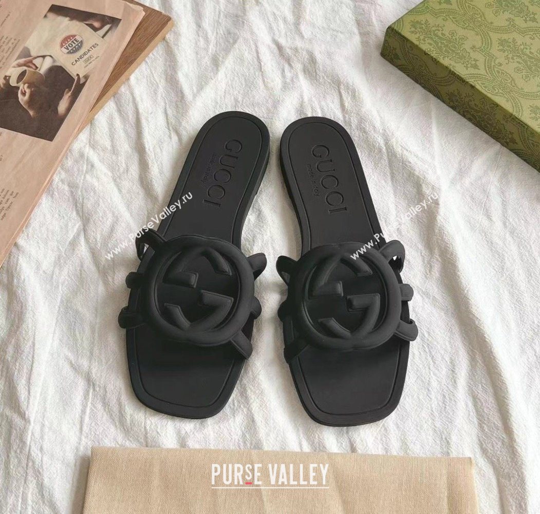 Gucci Interlocking G Flat Slides Sandal in Matte PVC Black 2025 780307 (GDX-250711124)