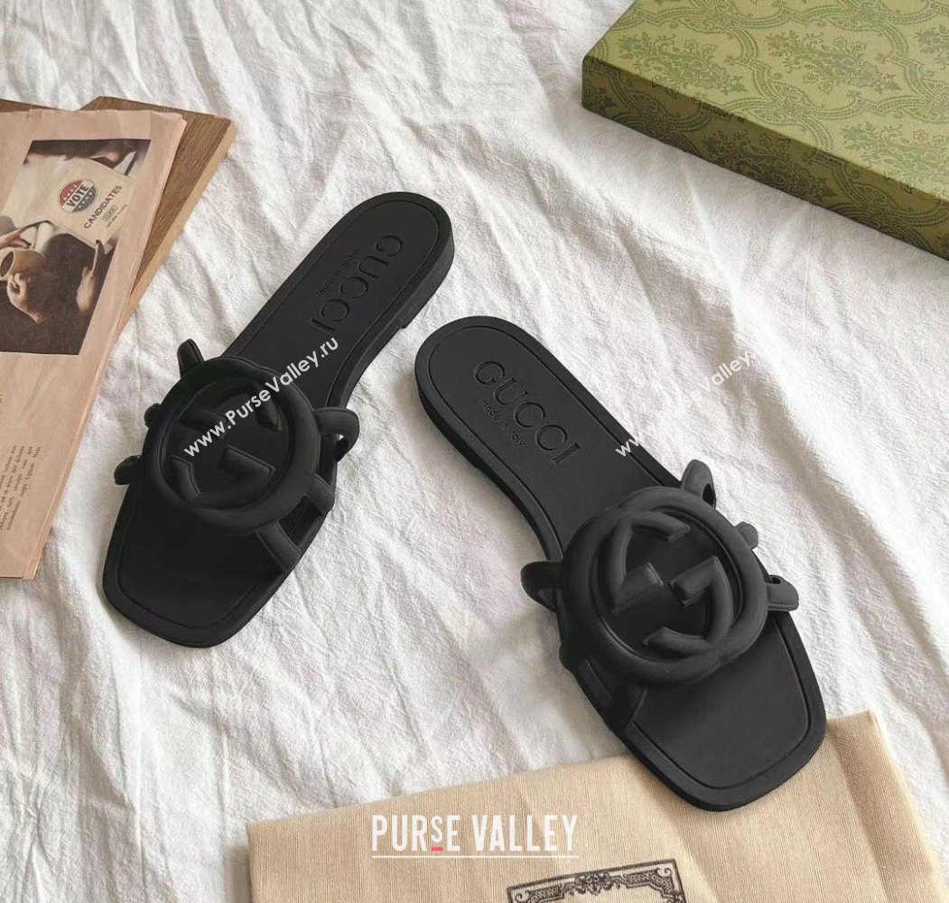 Gucci Interlocking G Flat Slides Sandal in Matte PVC Black 2025 780307 (GDX-250711124)