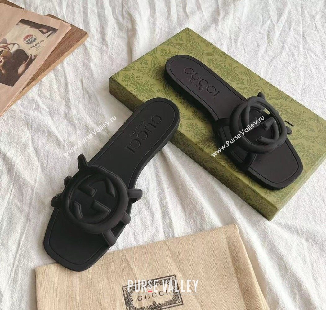 Gucci Interlocking G Flat Slides Sandal in Matte PVC Black 2025 780307 (GDX-250711124)