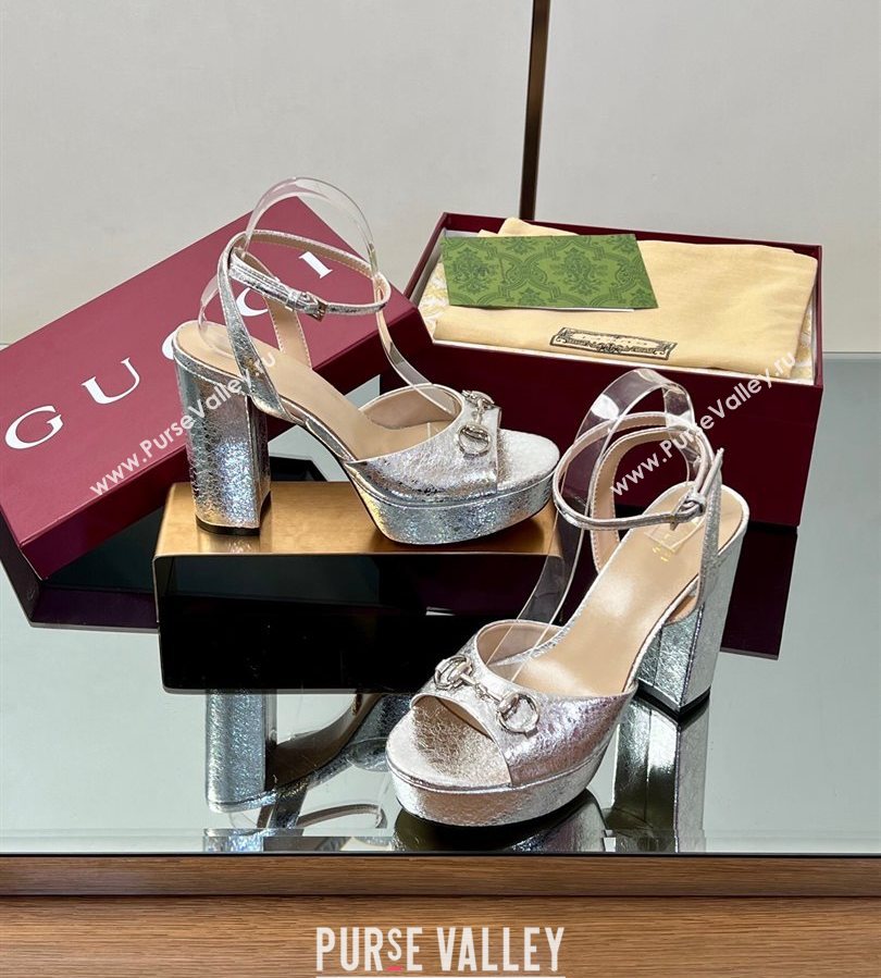 Gucci Platform Sandals 11.5cm in Silver Metallic Leather with Strass Horsebit 2025 836044 (MD-250711137)