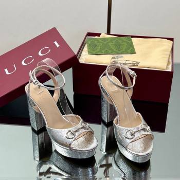 Gucci Platform Sandals 11.5cm in Silver Metallic Leather with Strass Horsebit 2025 836044 (MD-250711137)