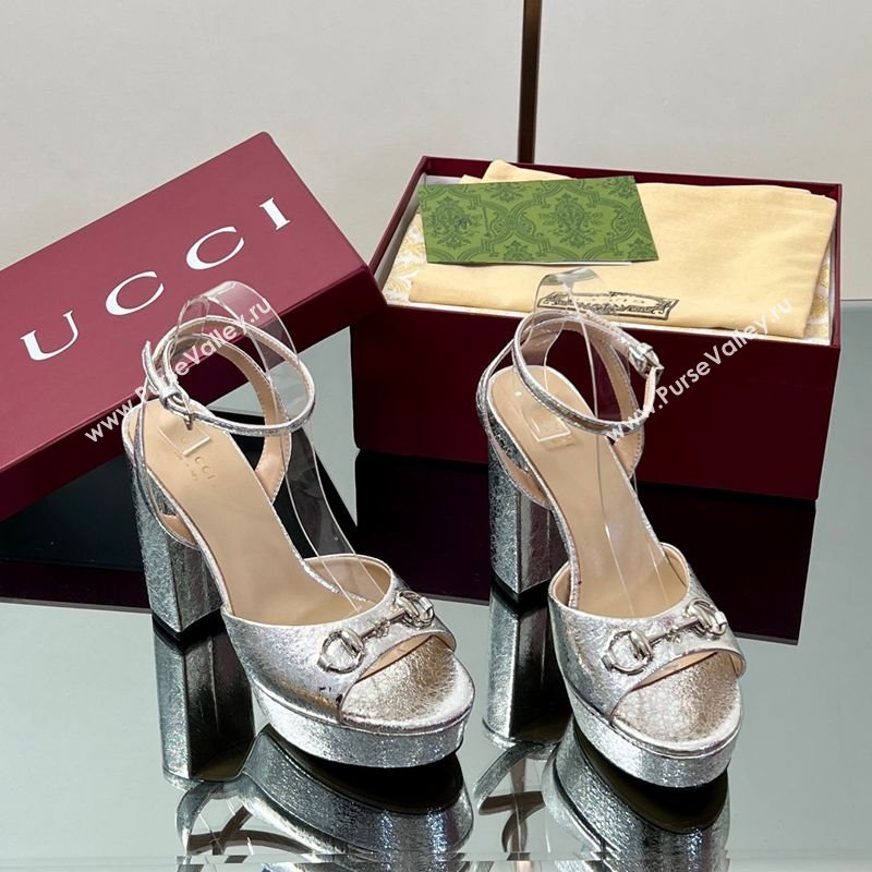 Gucci Platform Sandals 11.5cm in Silver Metallic Leather with Strass Horsebit 2025 836044 (MD-250711137)