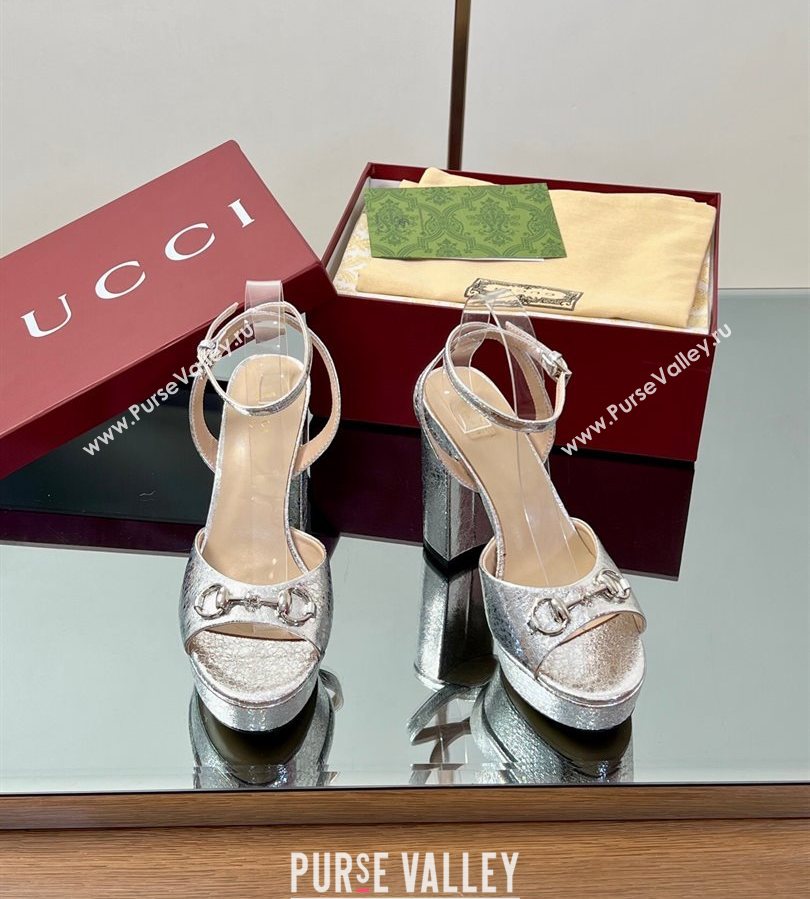 Gucci Platform Sandals 11.5cm in Silver Metallic Leather with Strass Horsebit 2025 836044 (MD-250711137)