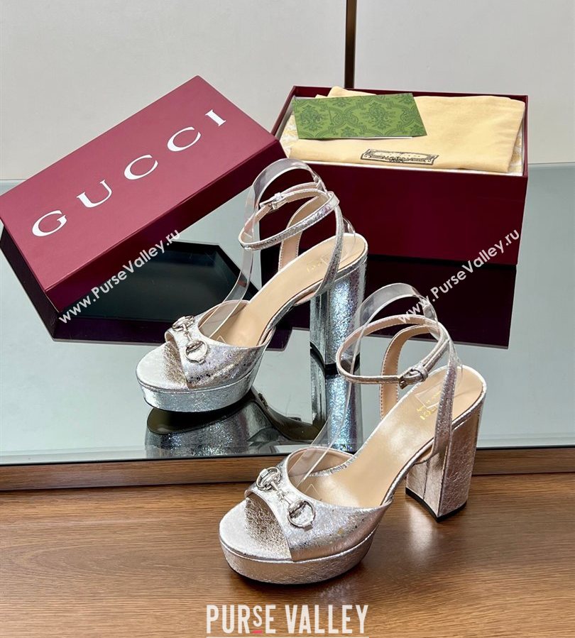 Gucci Platform Sandals 11.5cm in Silver Metallic Leather with Strass Horsebit 2025 836044 (MD-250711137)