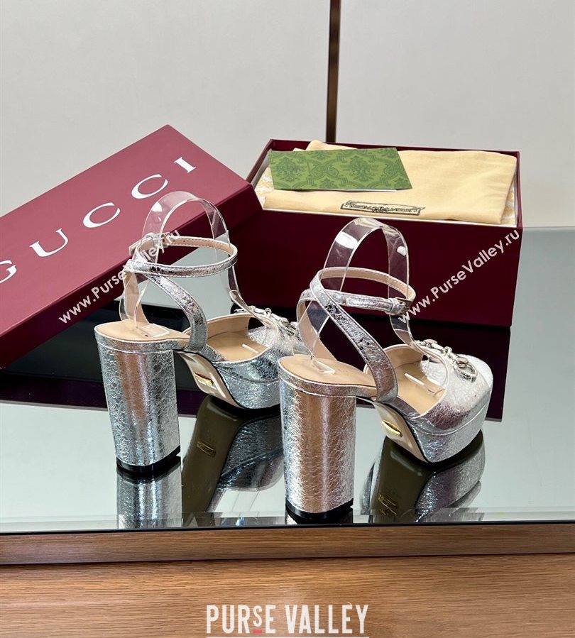 Gucci Platform Sandals 11.5cm in Silver Metallic Leather with Strass Horsebit 2025 836044 (MD-250711137)