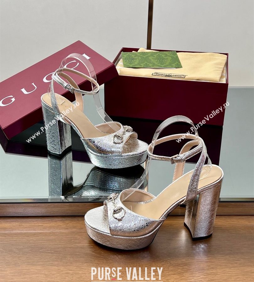 Gucci Platform Sandals 11.5cm in Silver Metallic Leather with Strass Horsebit 2025 836044 (MD-250711137)