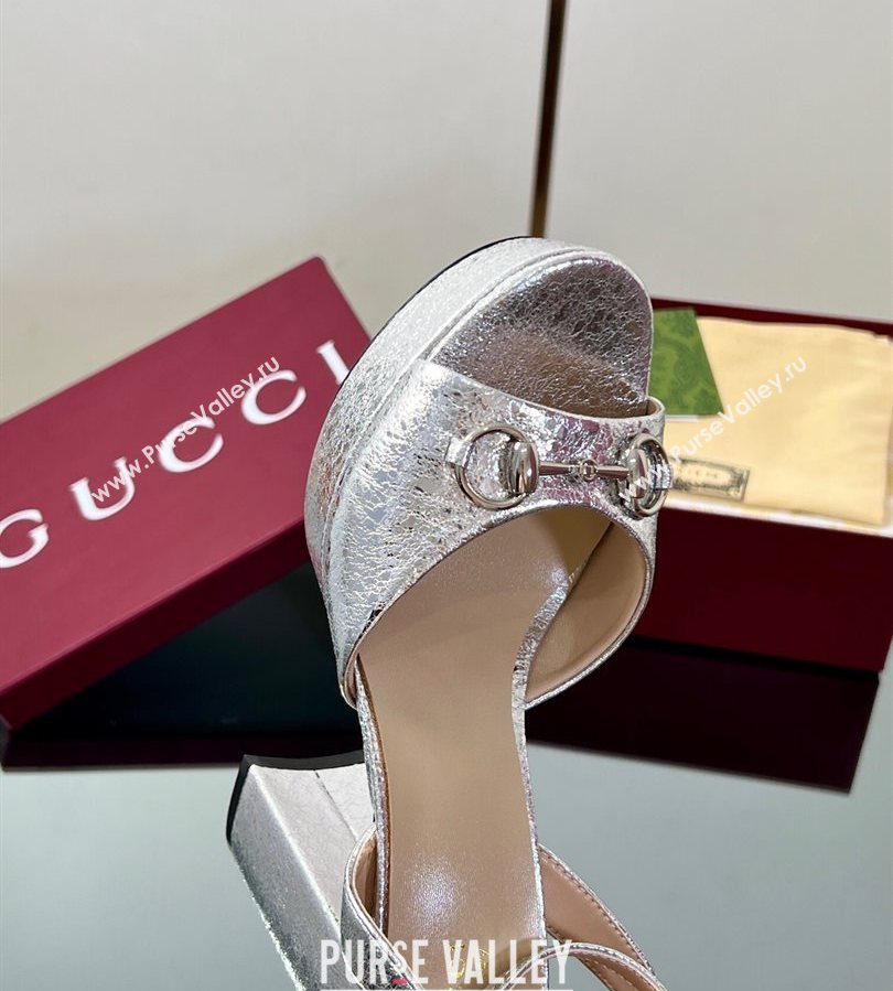 Gucci Platform Sandals 11.5cm in Silver Metallic Leather with Strass Horsebit 2025 836044 (MD-250711137)